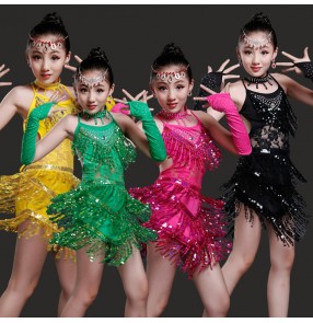 Fuchsia hot pink black yellow green sequins fringes tassels backless girls kids children stage performance latin dance dresses outfits costumes